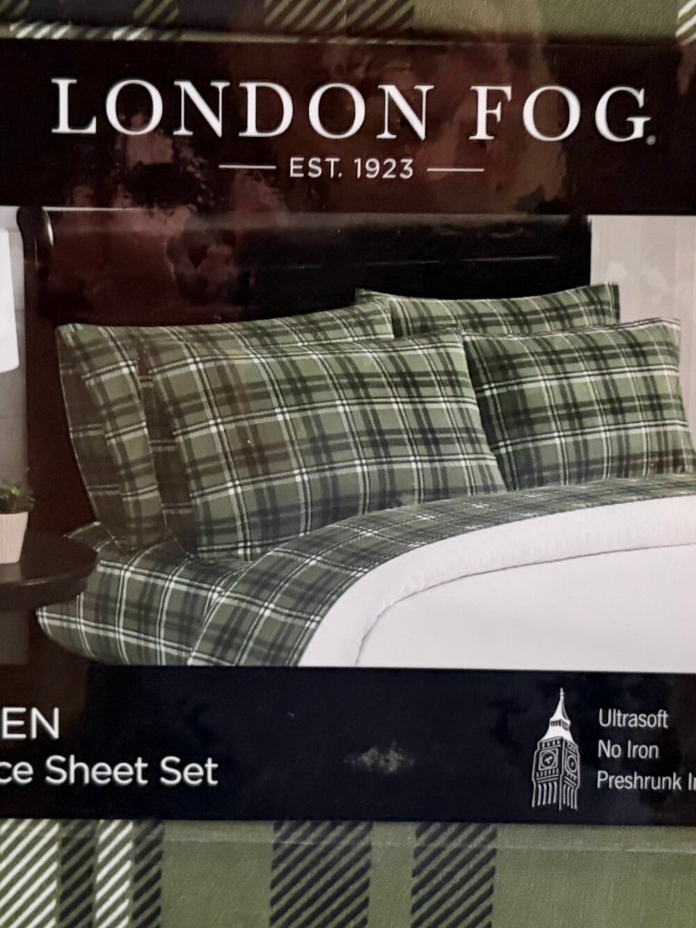 6-pc London Fog QUEEN SIZE Green Plaid Sheet Set (2 xtra pillowcases)